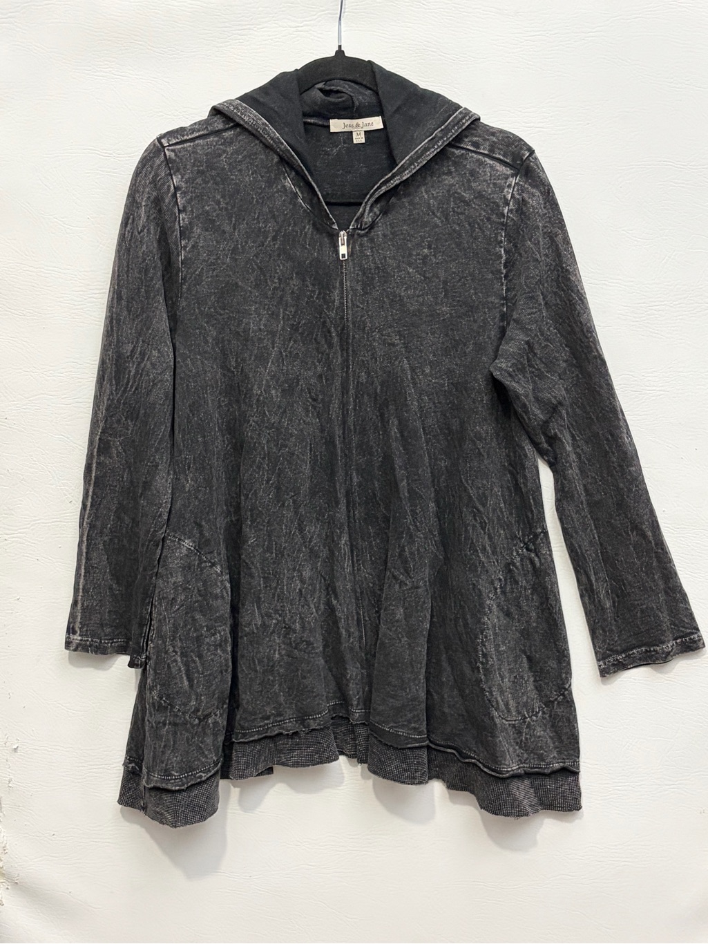 Jess & Jane Mineral Wash Flare Zip Hoodie Sweater In Charcoal Gray Medium